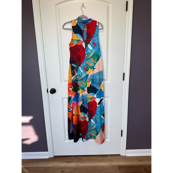 Nicole Miller Watercolor Abstract Satin High Neck Maxi Dress Size Small - Picture 2 of 8